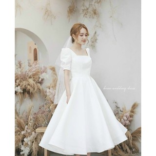 váy trắng cô dâu, váy cưới công chúa dự tiệc cổ vuông khoét lưng thắt nơ sẵn size S, M kèm ảnh thật MS022