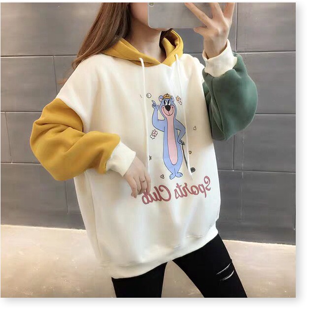 ÁO KHOÁC HOODIE NỮ PHỐI TAY HAI MAU HÌNH SIÊU CUTE