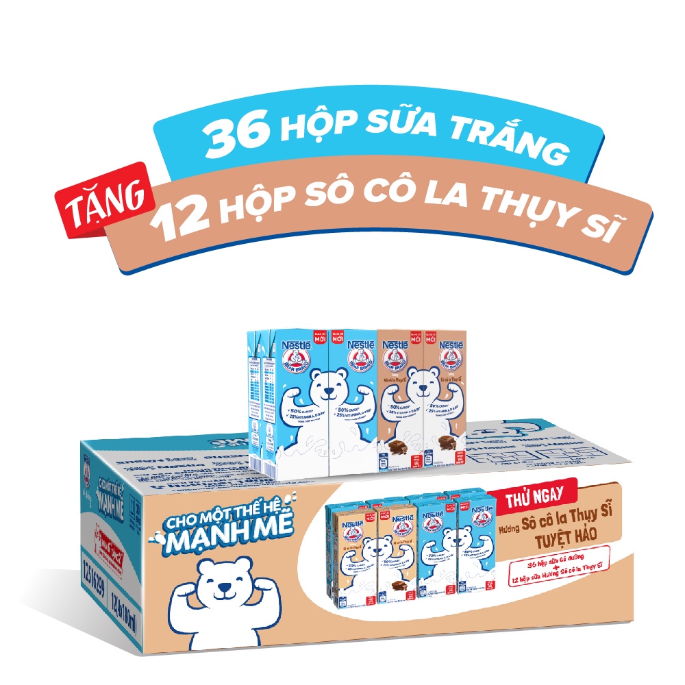 [TẶNG 12 HỘP Sô Cô La Thụy Sĩ khi mua 36 hộp] Thùng 48 hộp Sữa Nestlé Gấu Có đường (12 lốc x (3+1) hộp x 180ml)