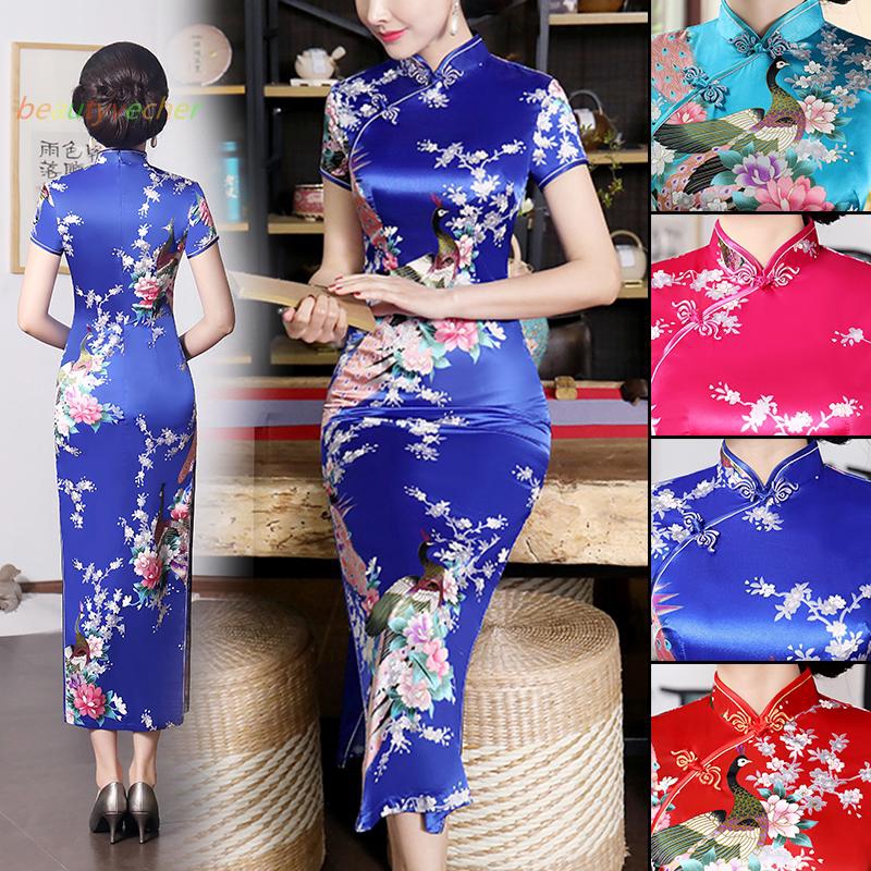 Sườn xám vải lụa satin họa tiết chim hạc duyên dáng phong cách cổ điển