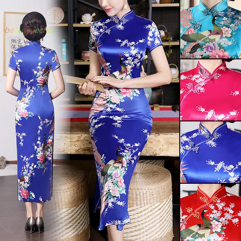 Sườn xám lụa satin in hình chim sếu phong cách vintage