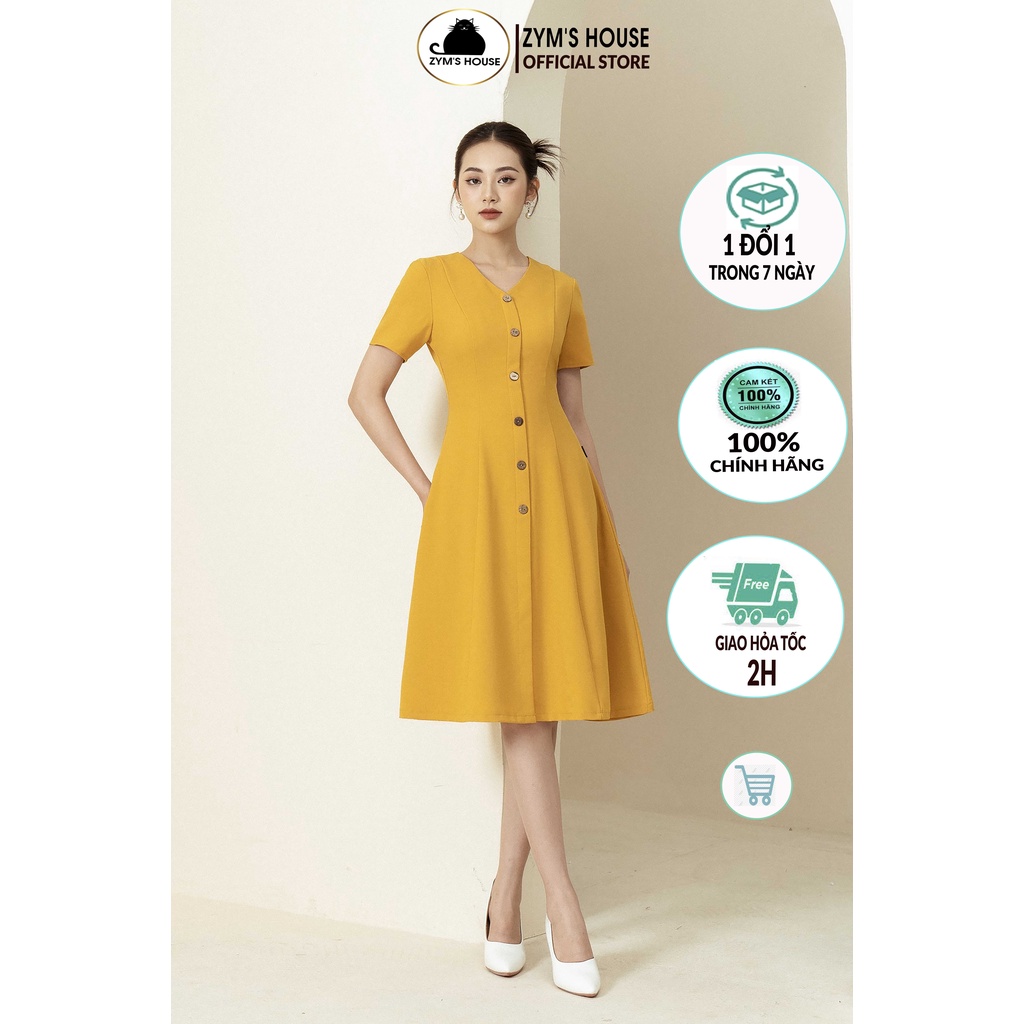 Váy xòe trơn cổ V cúc gỗ ZYM'S HOUSE K1231, K1232, K1233