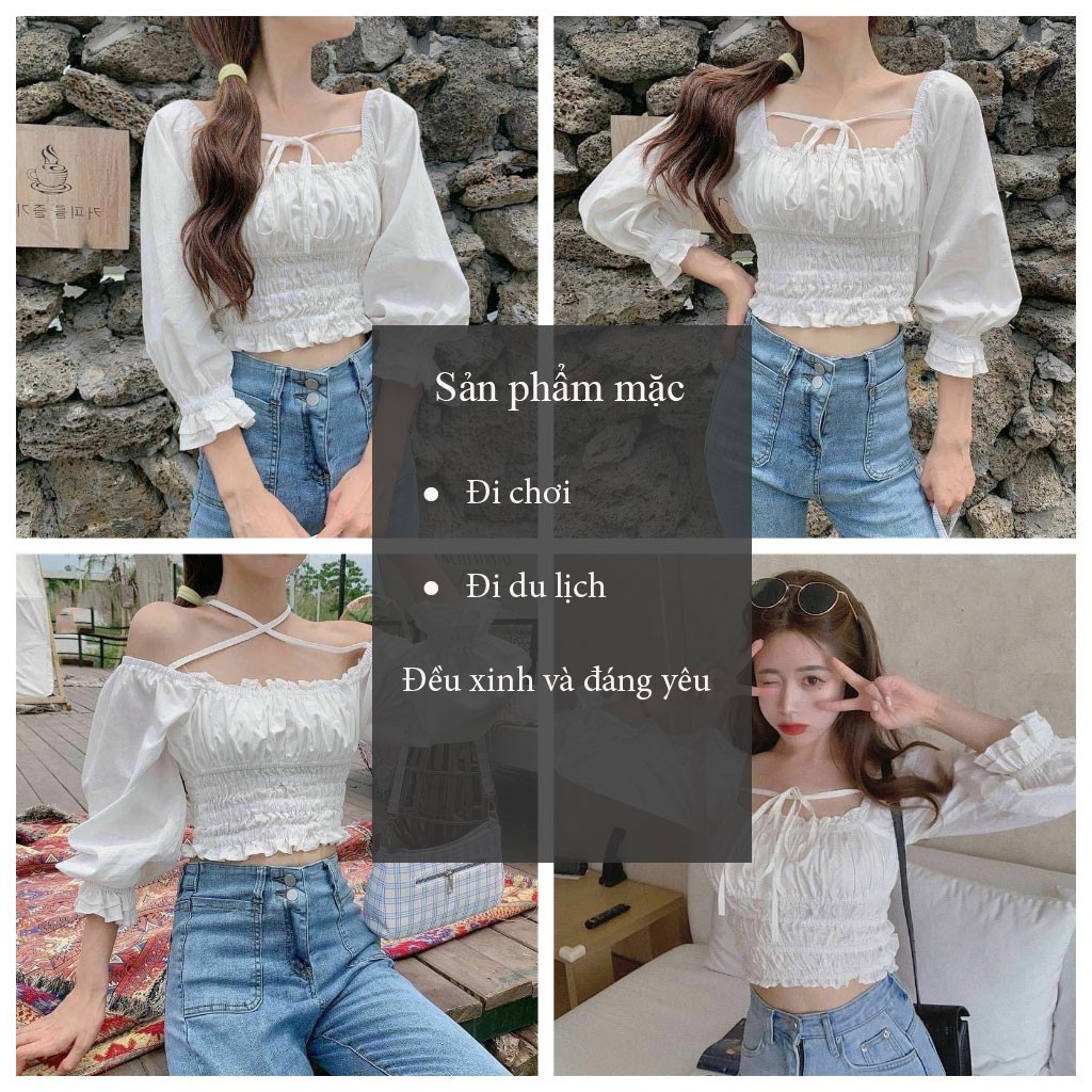 Áo croptop ôm kiểu tay phồng VIETCEN áo croptop tay dài ôm bèo nhún