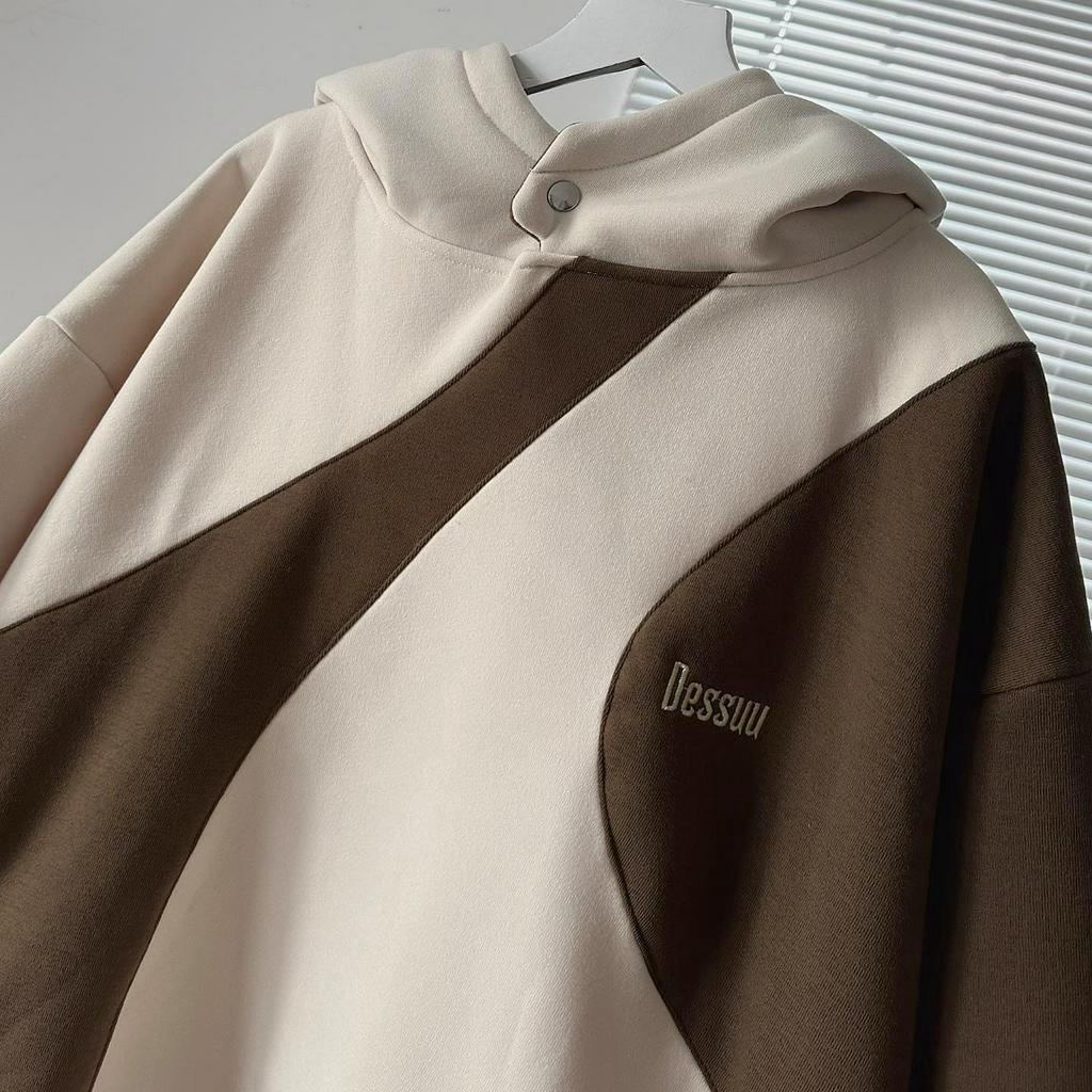 Áo khoác hoodie DESSUU nỉ bông dày dặn nút bấm nâu phối kem form rộng unisex nam nữ - Toki Store