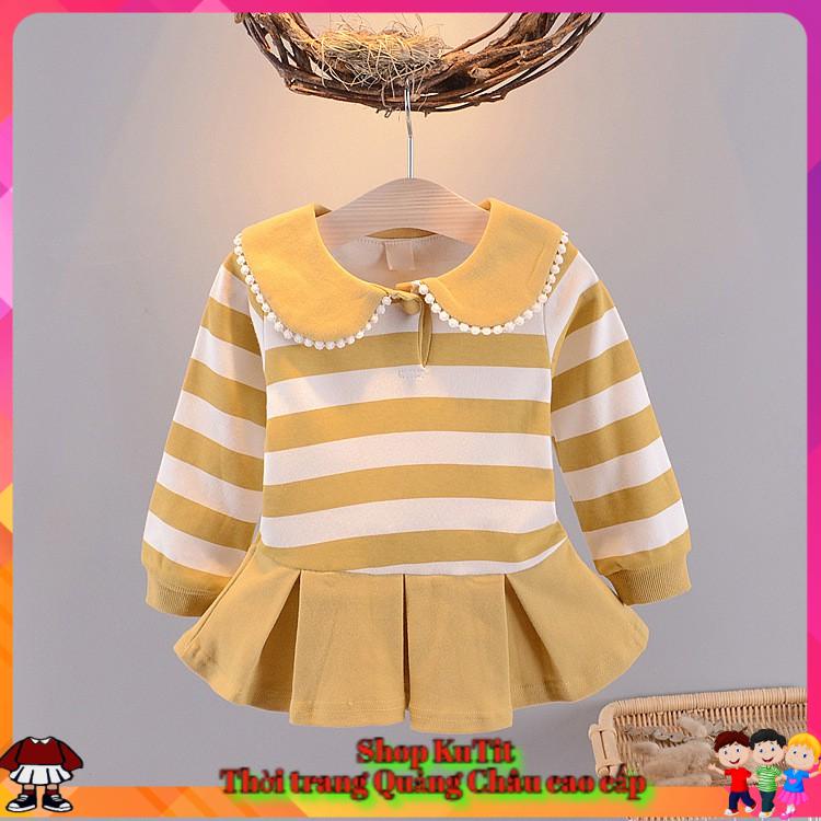 Áo váy thu đông kẻ cổ sen bé gái size 7-15kg