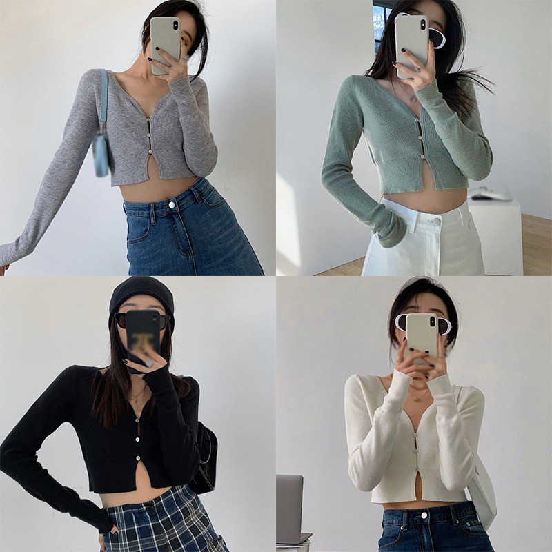 Áo Croptop Dệt Kim Tay Dài Phối Nút Thiết Kế Cổ Chữ V Quyến Rũ