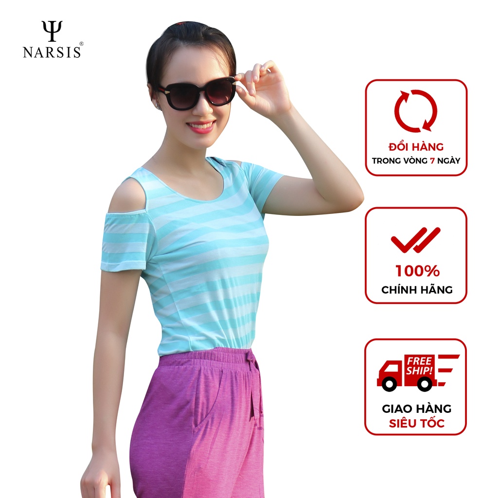 Áo nữ kiểu trễ vai 2 dây L6066 Narsis kẻ ngang xanh ngọc