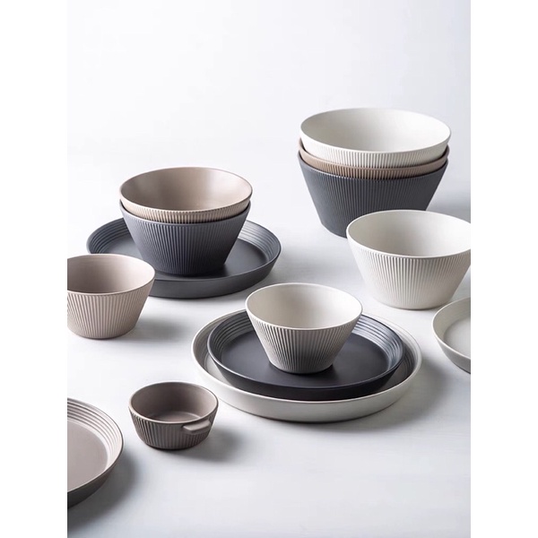 Bộ bát đĩa vân sọc mix màu xám cafe phong cách Bắc Âu sang trọng