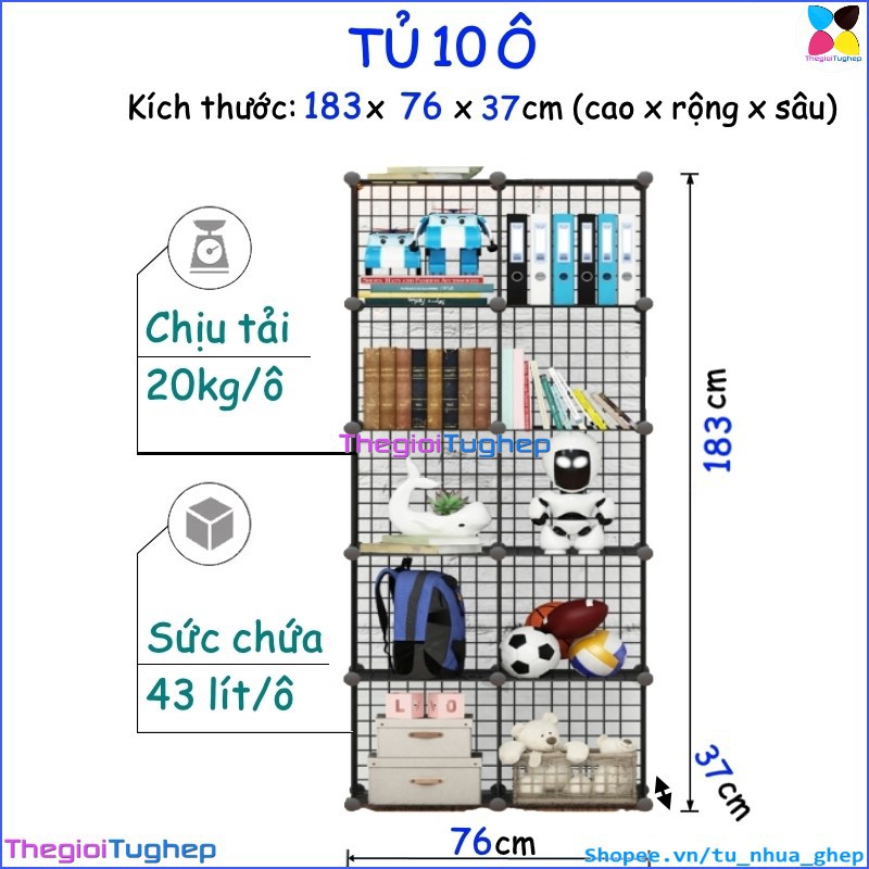 Tủ lưới sắt lắp ghép đa năng hiện đại để sách, đồ dùng trang trí phòng làm việc 10 ô