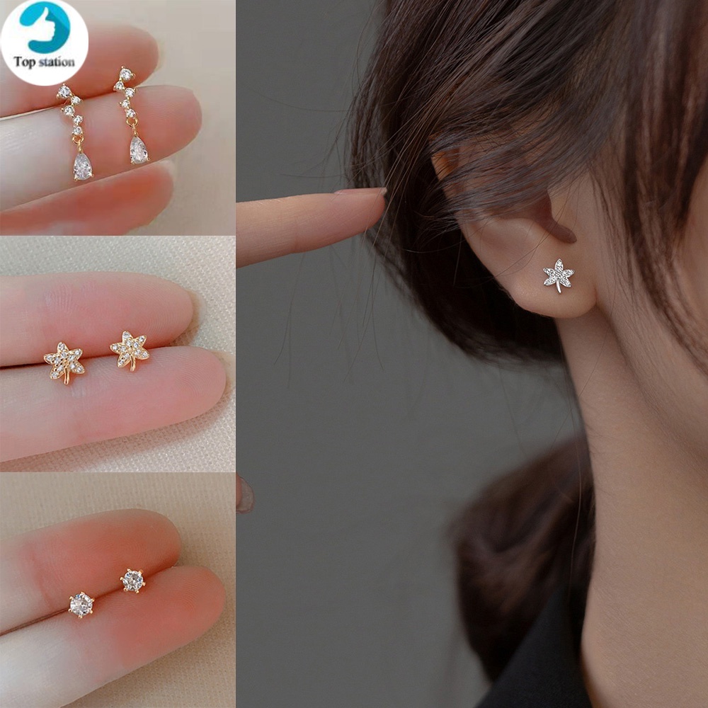 Bông Tai Mạ Bạc 925 Mini Hình Lá Phong Đính Kim Cương Nhân Tạo Phong Cách Cho Nữ