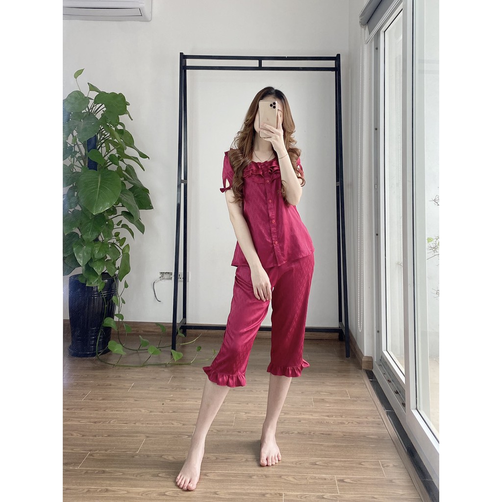 Bộ Pijama lụa gấm NOHK cao cấp mặc nhà cộc tay quần lửng cổ bèo tay nơ