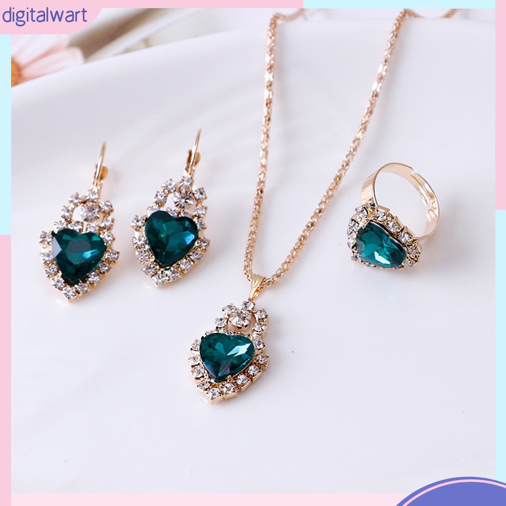 Bộ Vòng cổ + Bông Tai + Nhẫn Hình Trái Tim Đính Đá Lấp Lánh