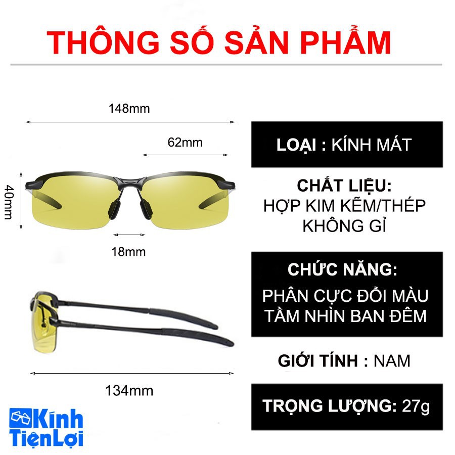 Kính đổi màu đi ngày và đêm gọng thép không gỉ nhẹ, mắt kính polarized phân cực, chống UV