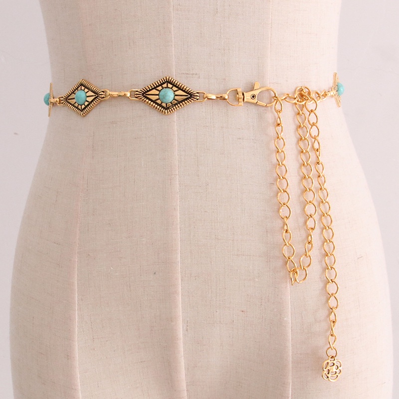 Thắt Lưng Dây Xích Họa Tiết Kim Loại Đính Đá Ngọc Lam Phong Cách Retro Thời Trang Cho Nữ