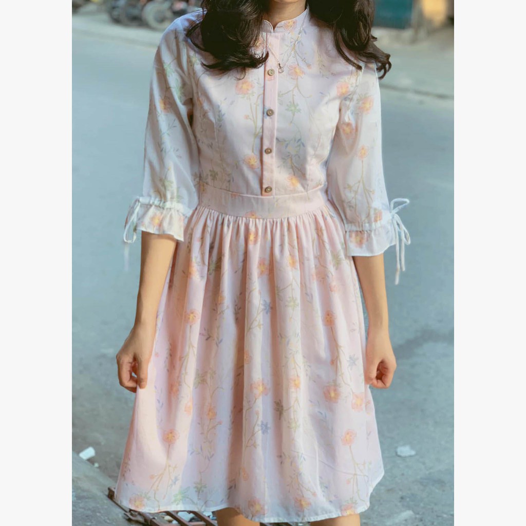 Đầm Váy hoa cổ tàu hồng nhạt thiết kế