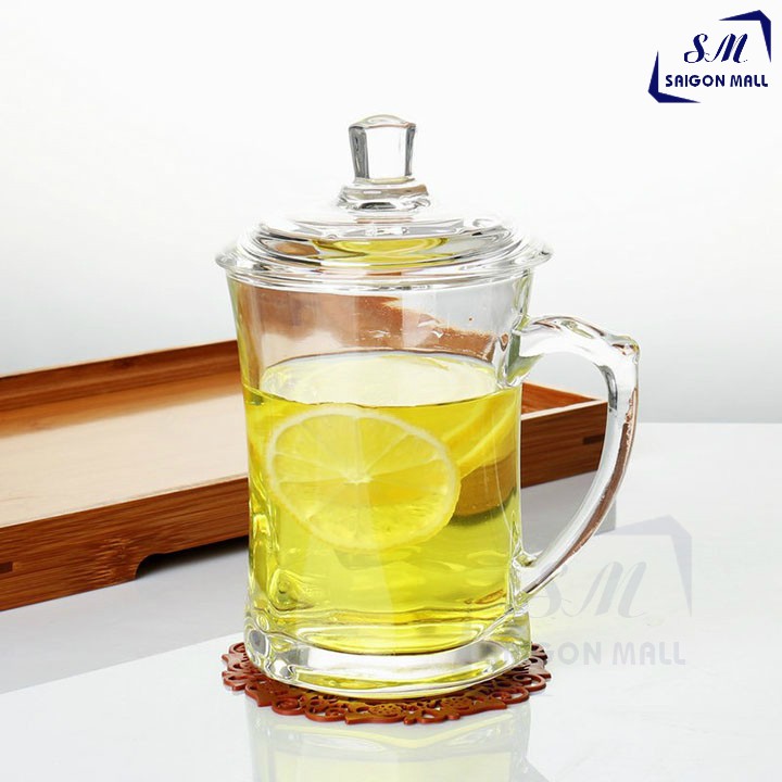 Ly thủy tinh quai cầm có nắp thủy tinh cao cấp - Ly tách thủy tinh dày chịu nhiệt EZ1011
