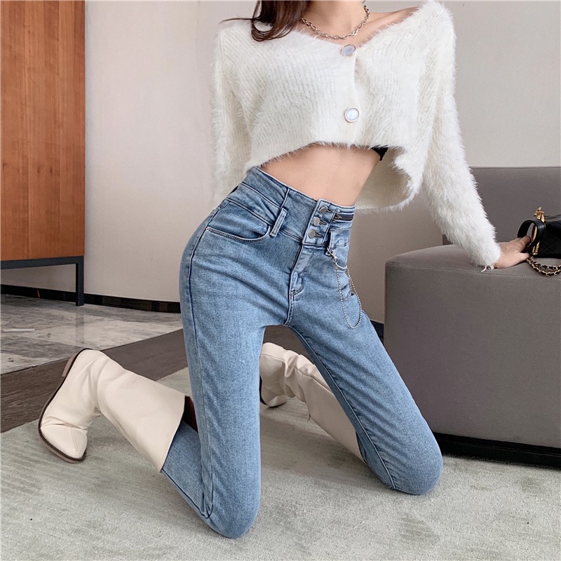 Quần Jeans Mỏng Phối Khóa Kéo Và Dây Xích Thời Trang Mùa Thu Cá Tính