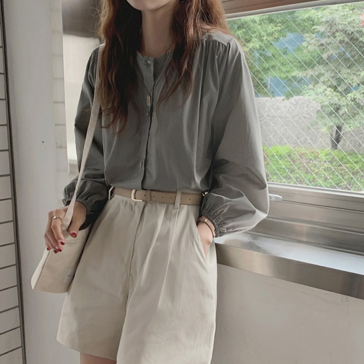 Áo sơ mi Peppermint 36636 tay dài cổ vuông màu trơn đơn giản thời trang cho nữ