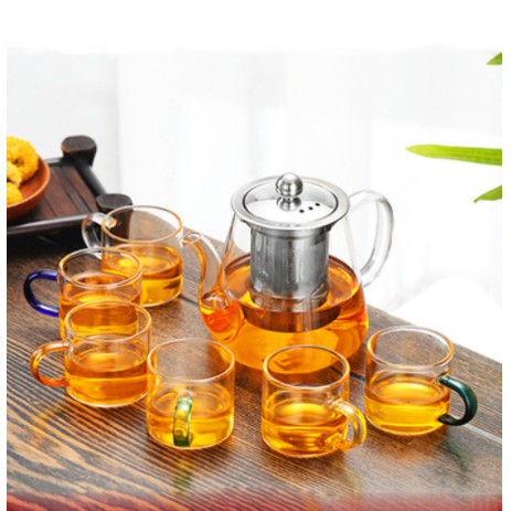 (SẴN) Set 1 bình trà 1 L + 6 cốc 100ml - Bình trà thủy tinh chịu nhiệt cao cấp Borosilicate, hàng xuất Âu