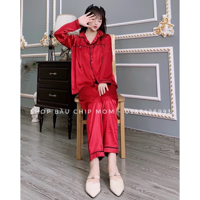 Bộ Lụa Pijama Mặc Bầu và Sau sinh- Chất Lụa gấm đẹp, áo khoá kéo cho bé ti quần chun chỉnh thoải mái