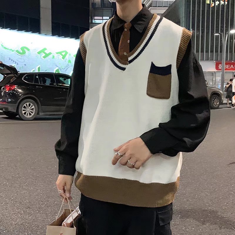 Áo Sweater Không Tay Cổ Chữ V Dáng Rộng Phong Cách Thời Trang Hàn Quốc Cho Nam Giới Có 2 Màu Size M-2XL