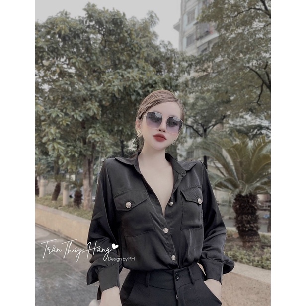 Áo sơmi lụa cúc vàng