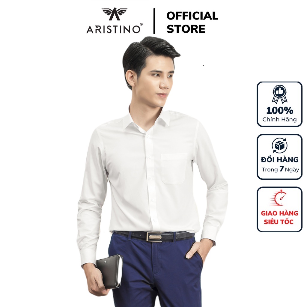 Áo sơ mi trắng dài tay nam ARISTINO ALSR19 somi công sở sợi micro polyester cao cấp trơn màu dáng suông tà lượn có túi