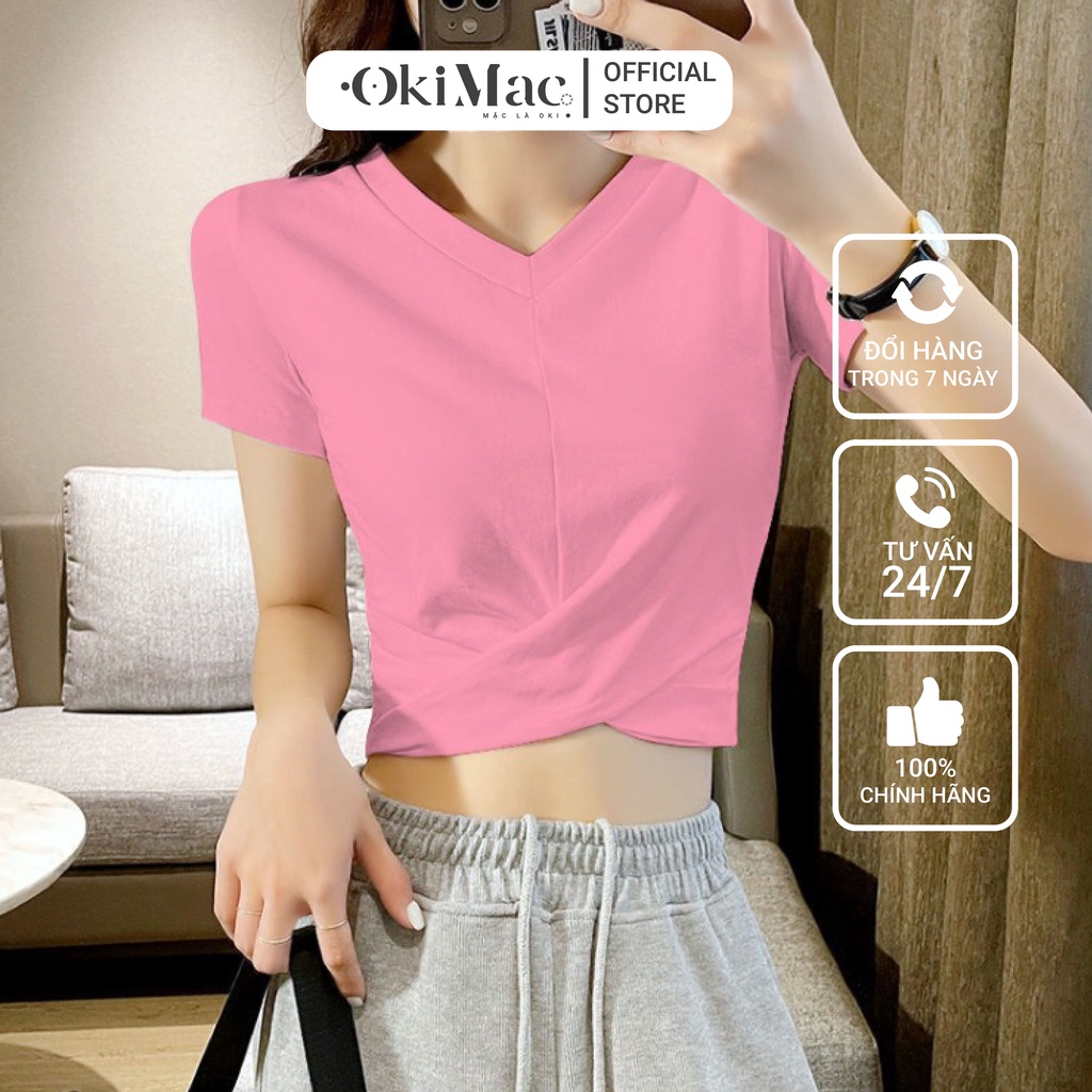 Áo croptop nữ cổ tim chữ v tay ngắn kiểu ôm body xoắn eo thun cotton phong cách ulzzang thời trang nữ OKIMAC | BigBuy360 - bigbuy360.vn