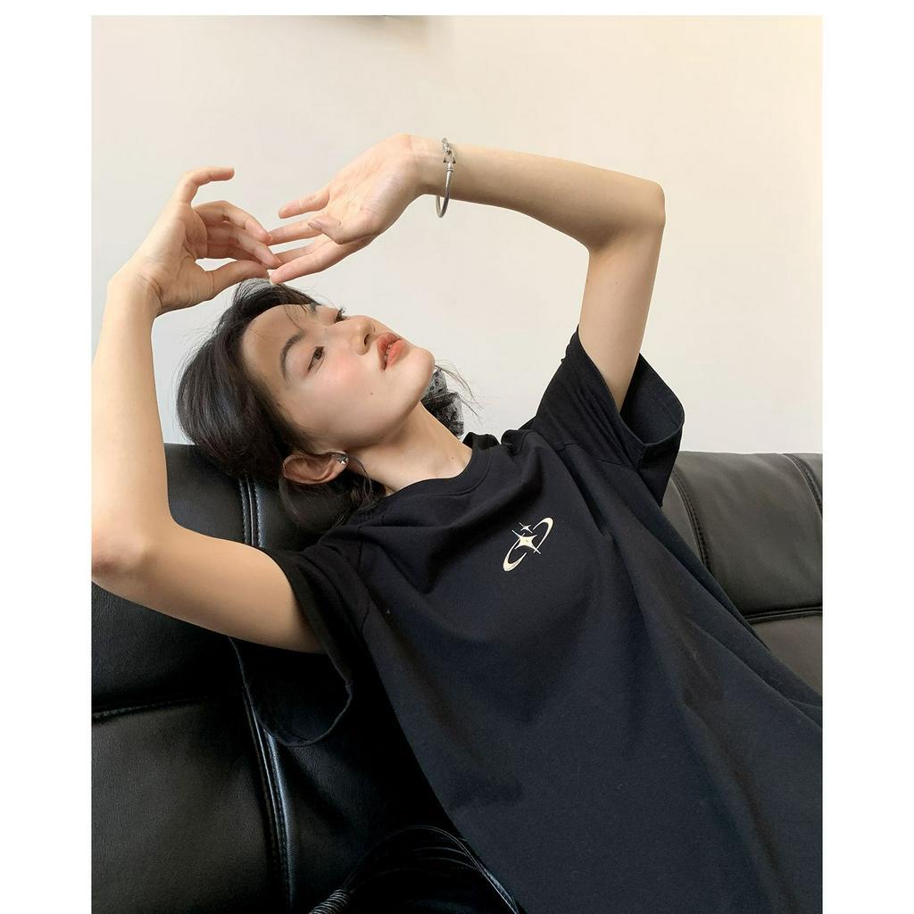 Áo Thun Cotton Cổ Tròn Dáng Rộng In Logo Ngôi Sao Kim Loại Nặng 250g Phong Cách Mới Cho Nữ