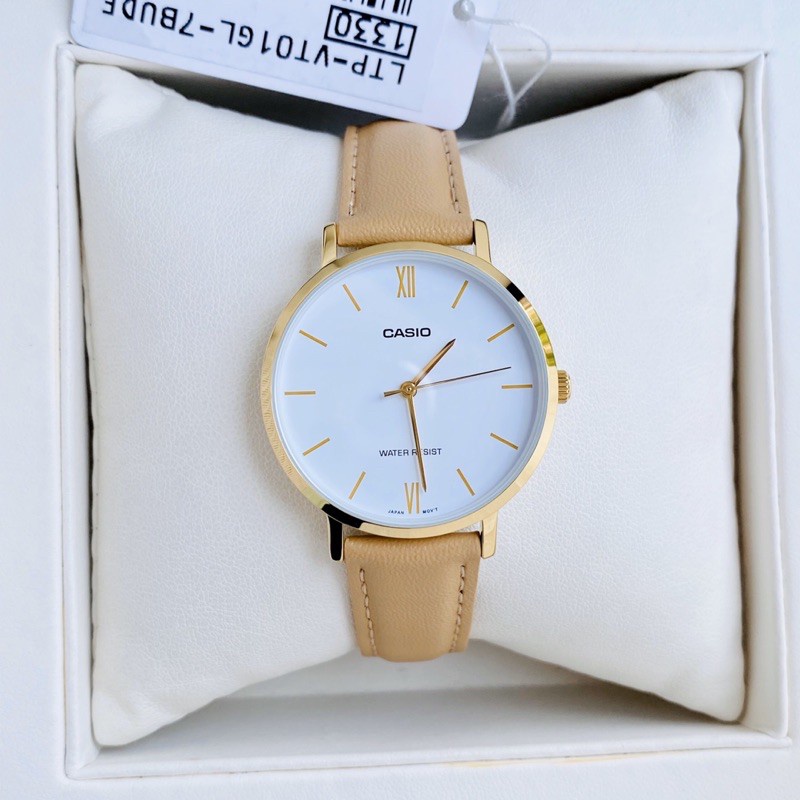 Đồng hồ Nữ Casio LTP-VT01GL-7B, đồng hồ chính hãng, dây da be mặt trắng, viền vàng