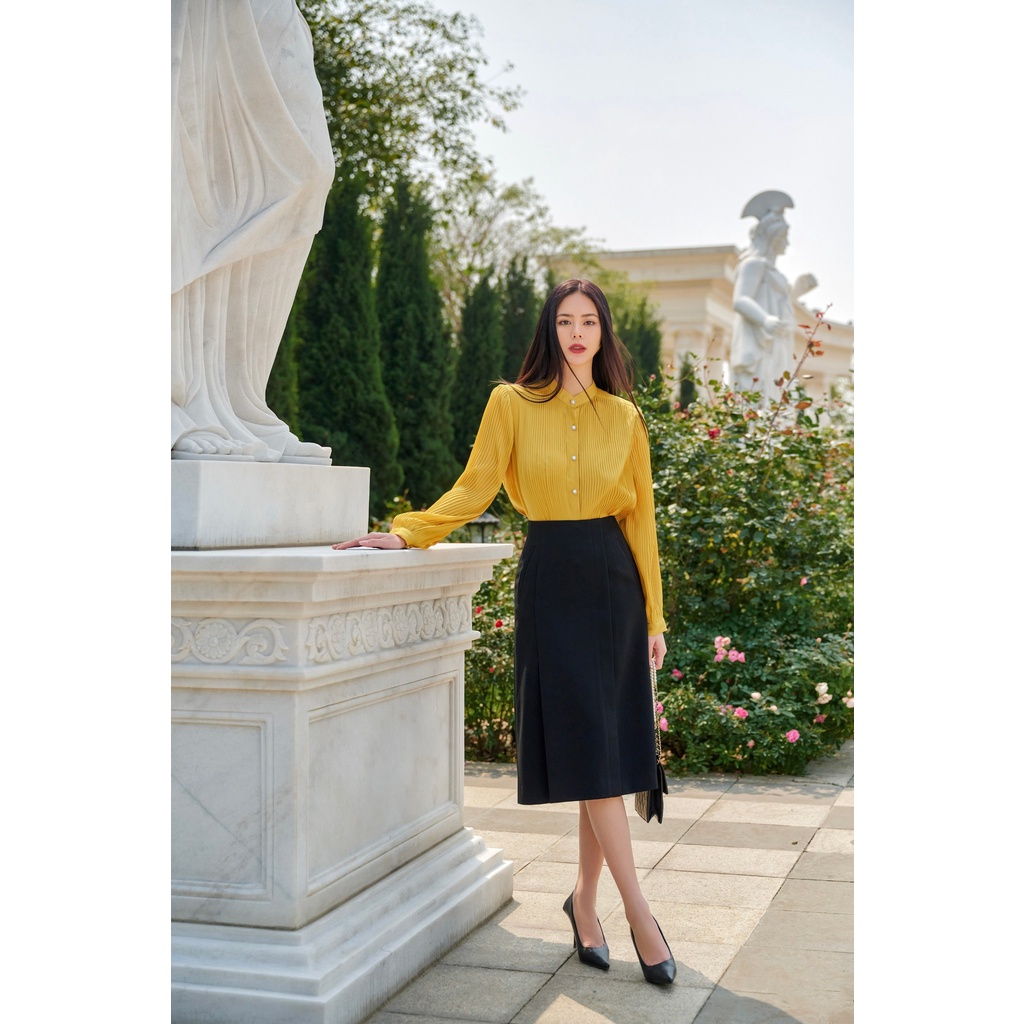 Áo sơ mi tơ tằm vàng dập li toàn thân HUONG BOUTIQUE HBSM951