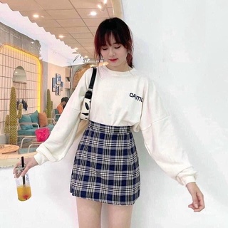 Set áo thun tay bồng phối chân váy kẻ - Bộ áo thun dài tay form rộng kèm váy kẻ caro bánh bèo nữ tính HOT