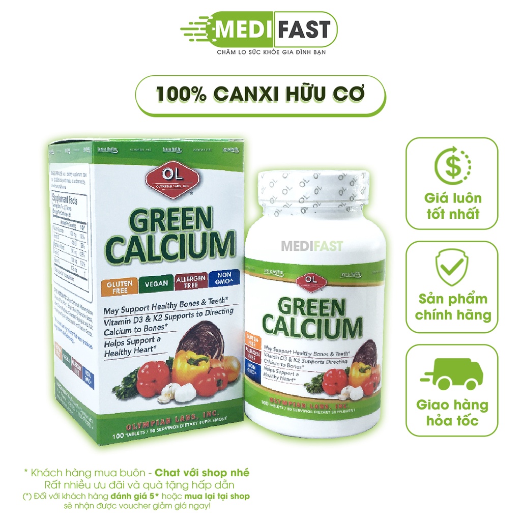 Green Calcium Bổ sung Canxi hữu cơ Nhập khẩu từ Olympian Labs Mỹ Lọ 100 viên có Vitamin D3, K2 cho mẹ bầu, sau sinh