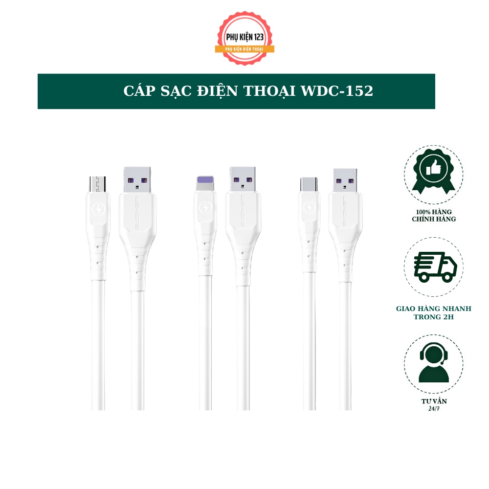 Cáp sạc nhanh 6A Wekome  WDC-152 cổng micro usb, type-c,i dây cao su chống đứt gãy 1m