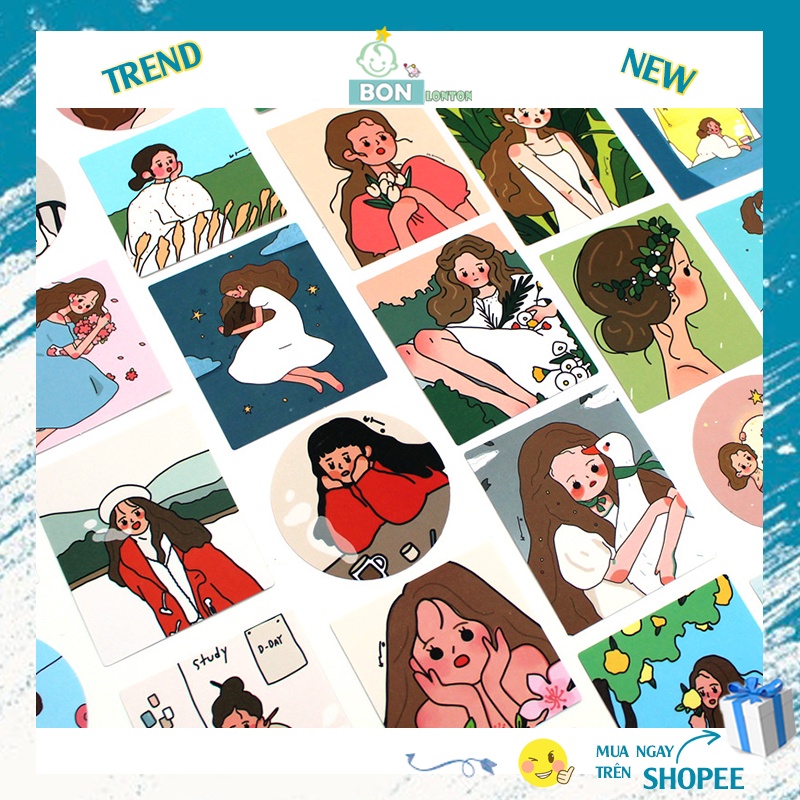 Hộp Thẻ Giấy Trang Trí Họa Tiết Hình Cô Gái 35 Miếng Có Dán Siêu Đáng Yêu