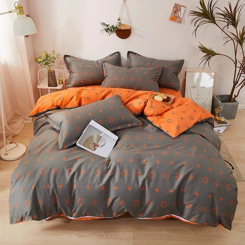Bộ Chăn Ga Gối Cotton Poly LV Cam