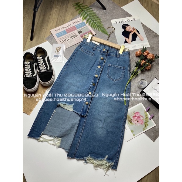 Chân váy bò dài rách cúc dọc siêu đẹp | BigBuy360 - bigbuy360.vn
