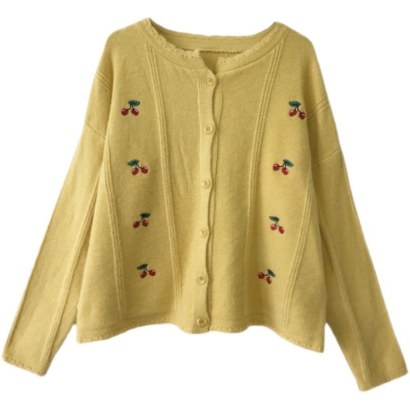 Áo cardigan dệt kim Pure Cube dáng rộng họa tiết quả cherry phong cách Hàn Quốc mới thời trang cho nữ