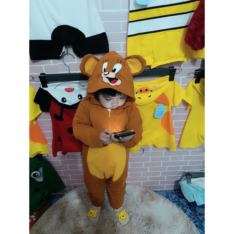 Áo dài liền thân dài tay hình con vật có mũ ngộ nghĩnh cho bé 5-15kg, vải cotton mềm, co giãn -BD68