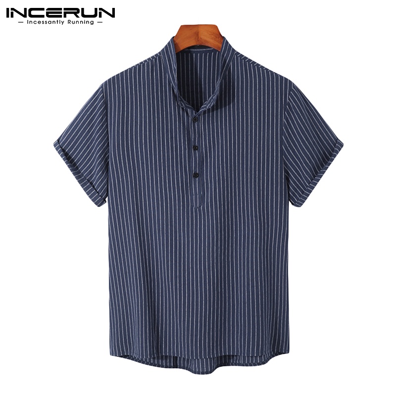 Áo sơ mi INCERUN ngắn tay cổ chữ v họa tiết kẻ sọc cài nút thời trang cho nam