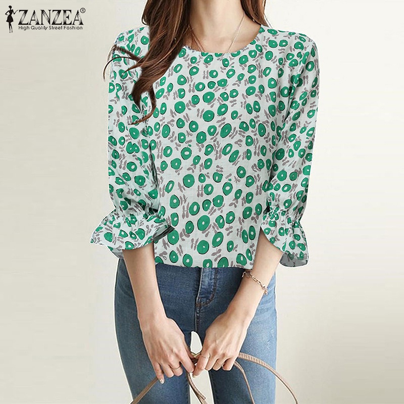 ZANZEA Áo Kiểu Tay Phồng Cổ Tròn 3 / 4 Thời Trang Dành Cho Nữ