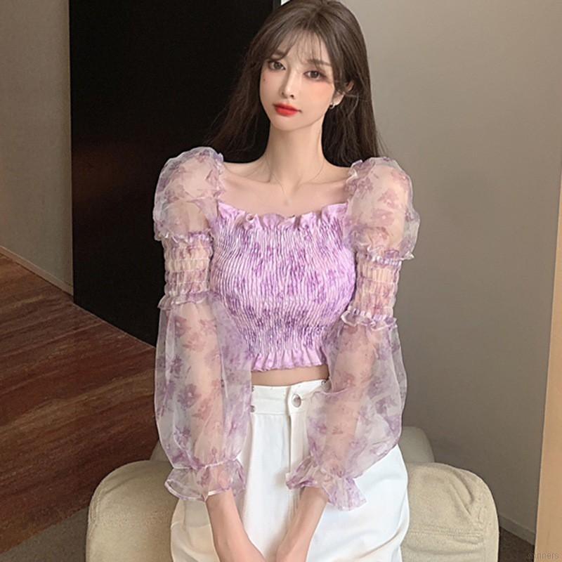 Áo Kiểu Chất Chiffon Tay Dài Cổ Vuông Hoạ Tiết Hoa Nữ Tính | BigBuy360 - bigbuy360.vn