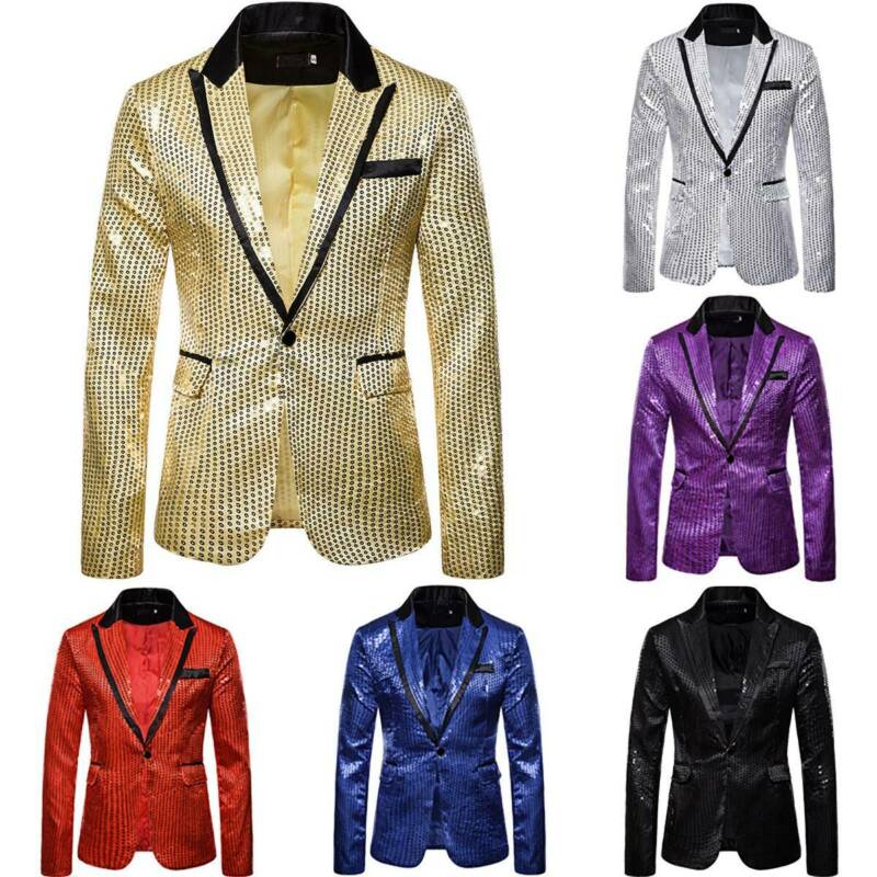Mens Shining Sequins Tuxedo Suit Party Blazer Gentleman One Button