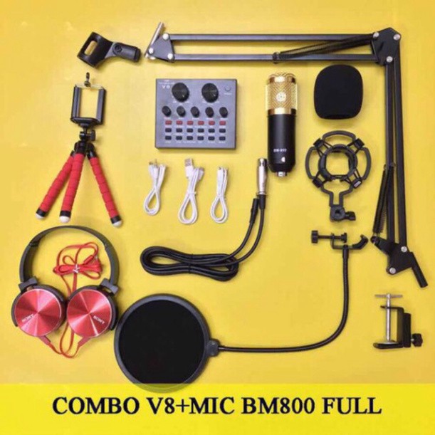 Combo mic mic thu âm bm900 sound card v8 chân màng tai nghe chụp tai gậy 3 chân