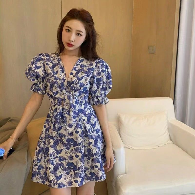 Đầm Ngắn Eo Cao In Hoa Kiểu Retro Pháp Thời Trang Mùa Hè Quyến Rũ Cho Nữ