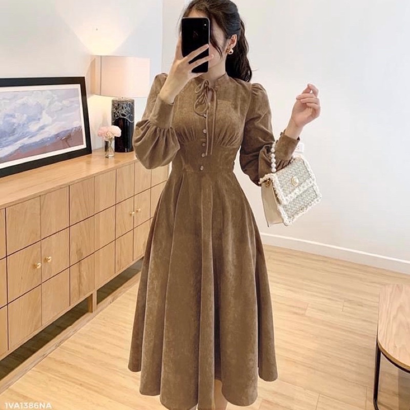 Váy thiết kế nhung tăm cổ có dây nơ dúm ngực dáng xòe tiểu thư | BigBuy360 - bigbuy360.vn