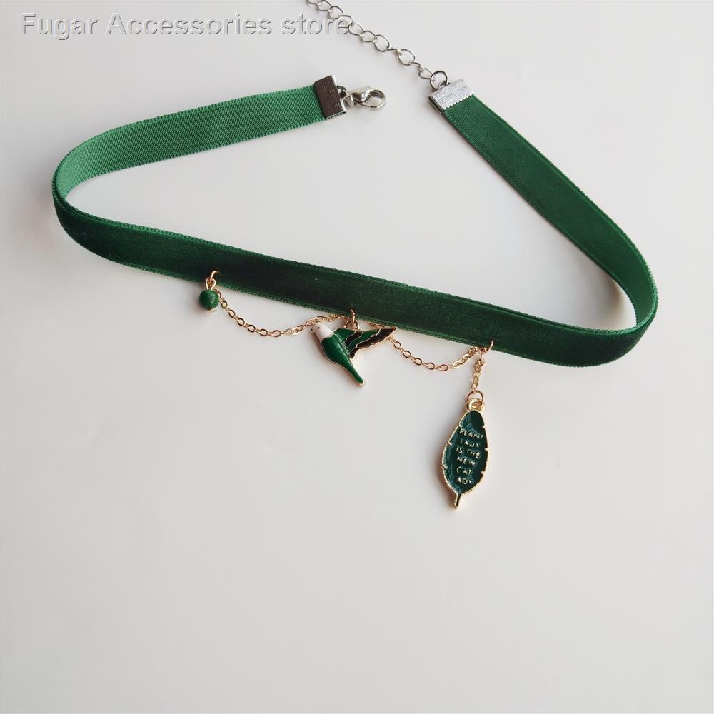 Vòng cổ choker vải nhung hình chim nhỏ màu xanh lá đậm phong cách Nhật Hàn cho nữ