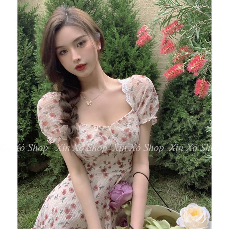 Váy hoa nhí viền ren hở lưng có đệm ngực 2 lớp Đầm nữ dáng ngắn xuân hè 2023