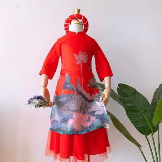 Mã x01 ad 19 - áo dài hoa sen kèm mấn màu đỏ