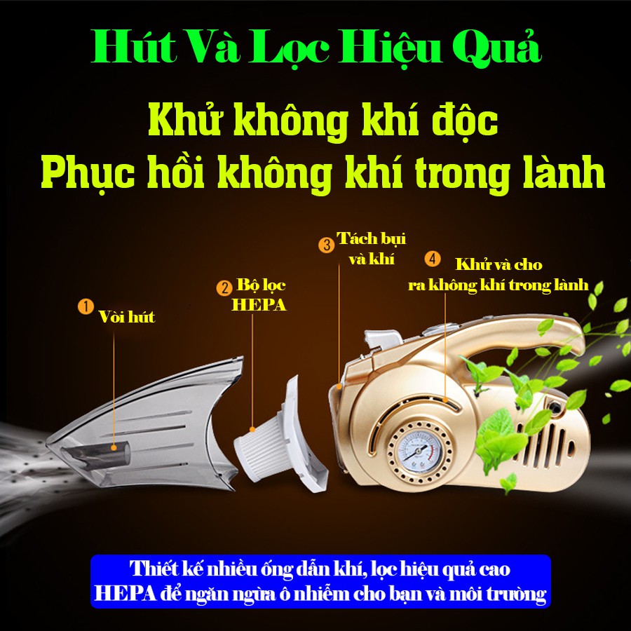 Máy hút bụi kèm máy bơm lốp xe Malide thông minh cao cấp - Loc sạch không khí - Hiệu suất cao - Đồng hồ đo áp suất